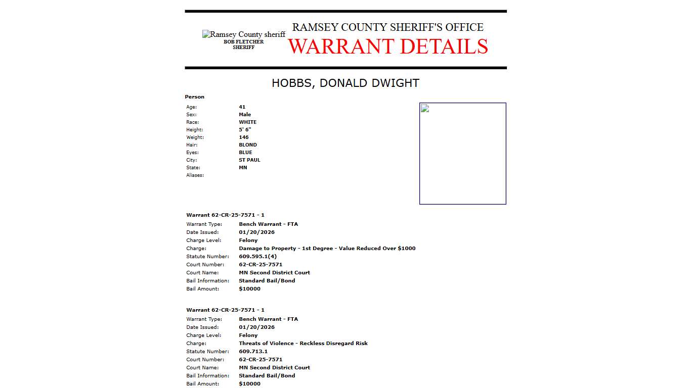 Ramsey County Sheriff's Office Warrant Details