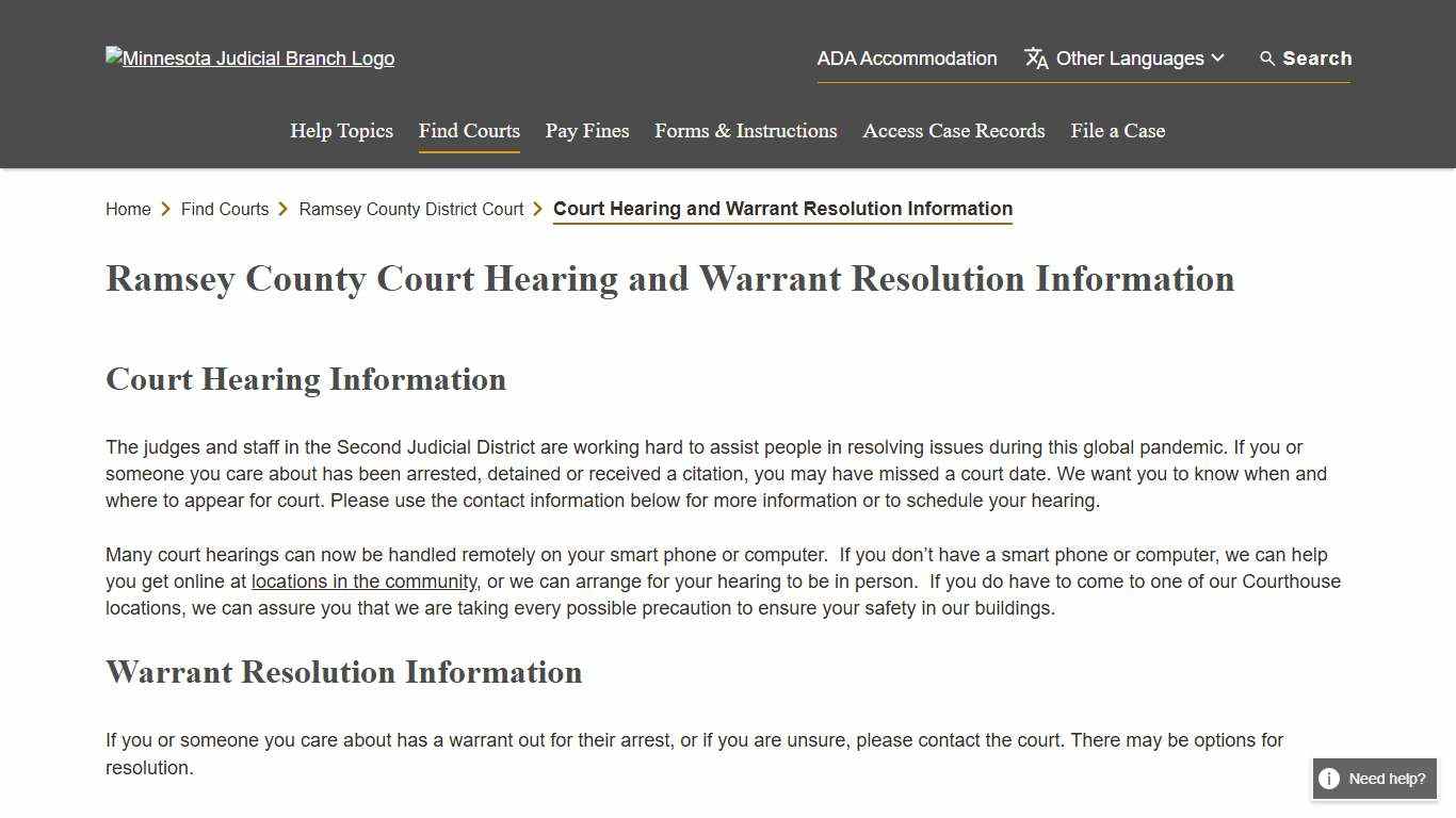 Court Hearing and Warrant Resolution Information - Ramsey County District Court